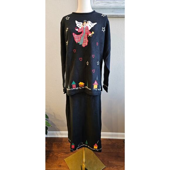 NWT Vintage Quacker Factory Christmas Sweater and‎ Skirt Set Women Size M Black - Picture 1 of 10